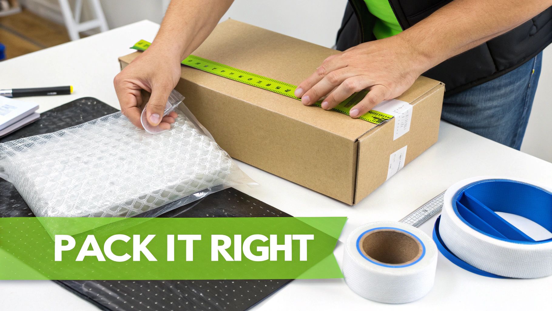 Person measuring a brown cardboard box with a green ruler, next to a bubble-wrapped item and packing tape on a white table.