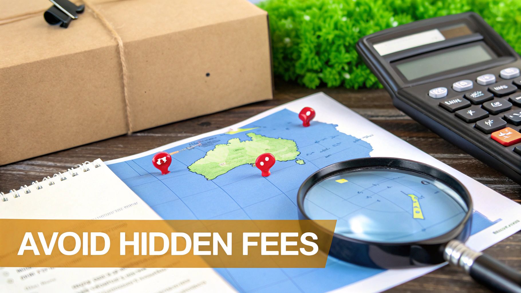 A map of Australia with delivery pins, a parcel, calculator, and magnifying glass, highlighting 'Avoid Hidden Fees'.