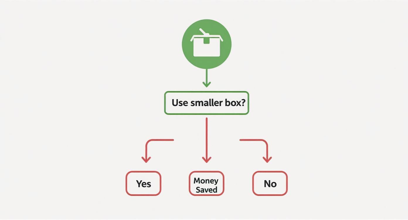 A flowchart showing a box icon leading to the question 'Use smaller box?' with outcomes 'Yes', 'Money Saved', and 'No'.