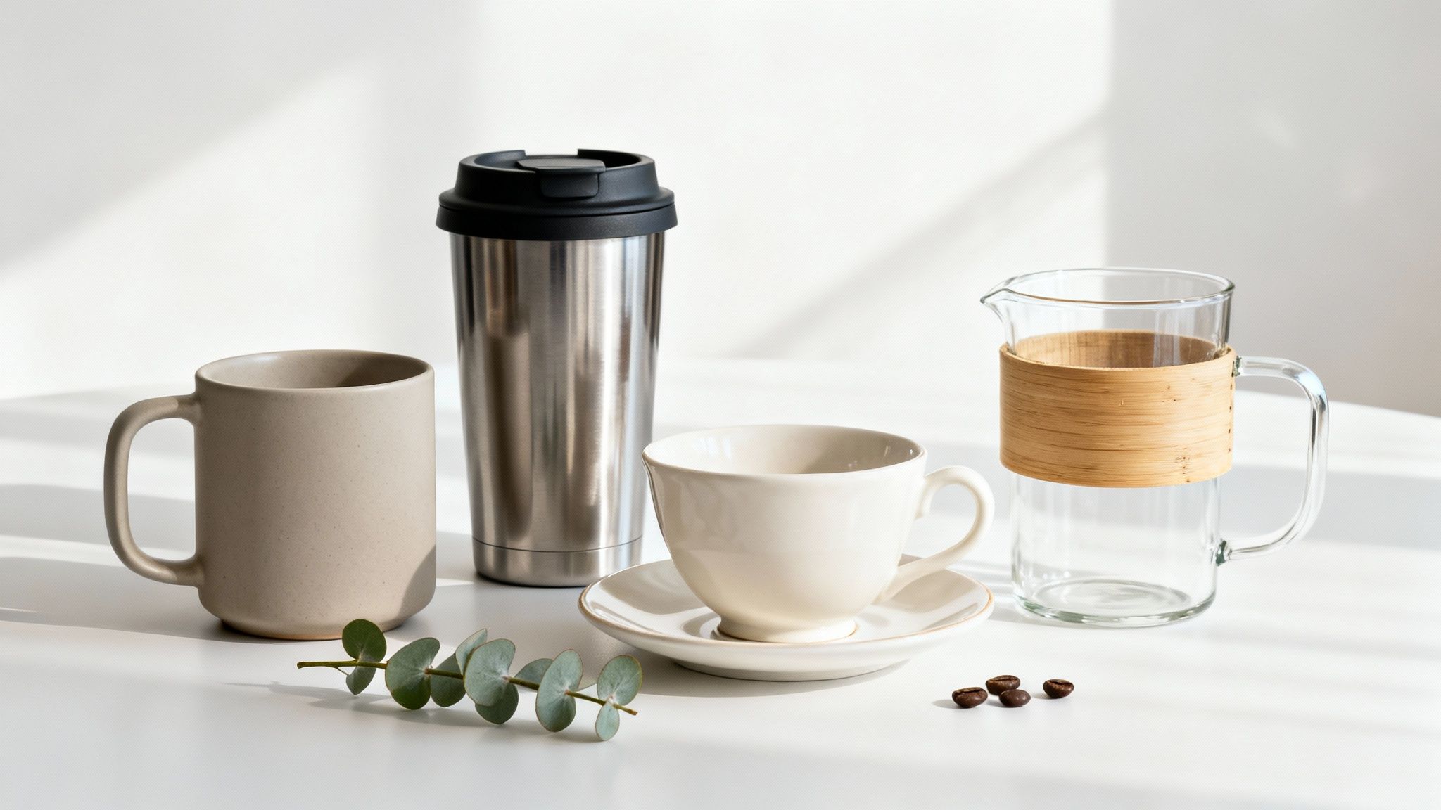 A collection of ceramic, travel, and teacups with a glass pitcher and coffee beans on a white surface.