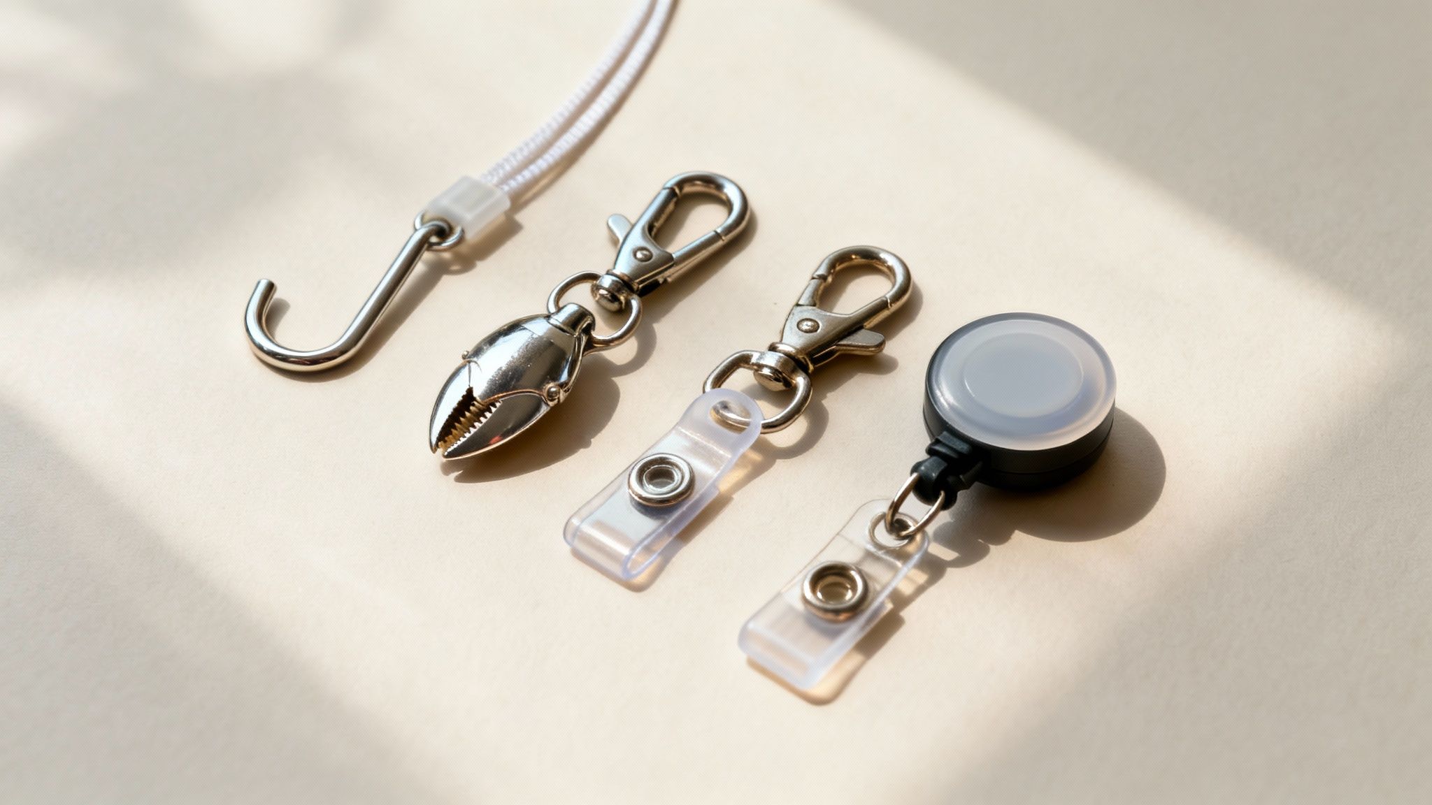Close-up of various silver lanyard hardware: a hook, crab claw clip, and retractable badge reel.