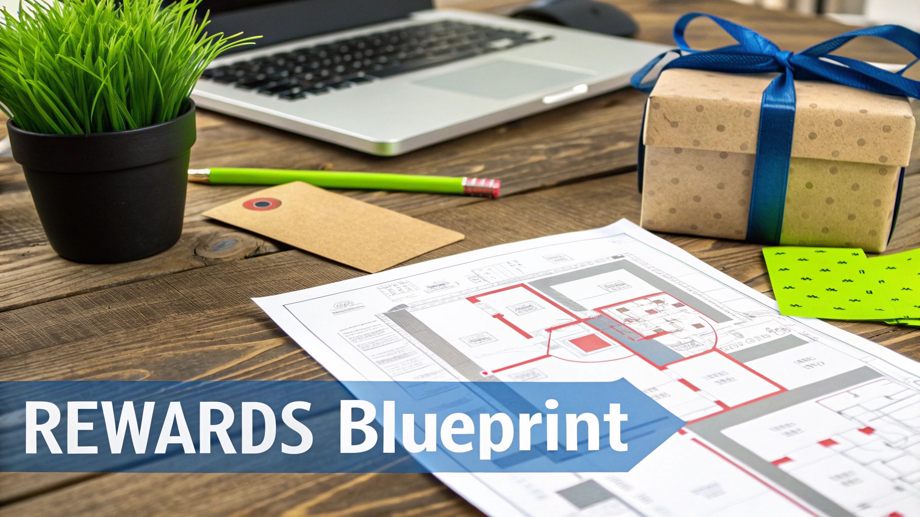 A business desk setting with a blueprint, gift, laptop, and a "REWARDS Blueprint" overlay.