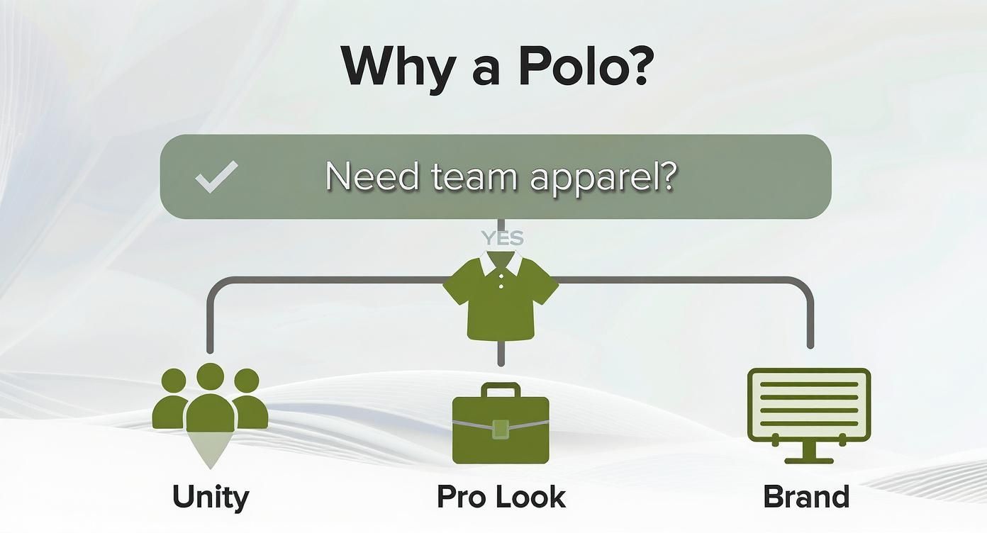 Infographic decision tree explaining the benefits of branded polo shirts for team apparel, highlighting unity, professional look, and brand promotion.