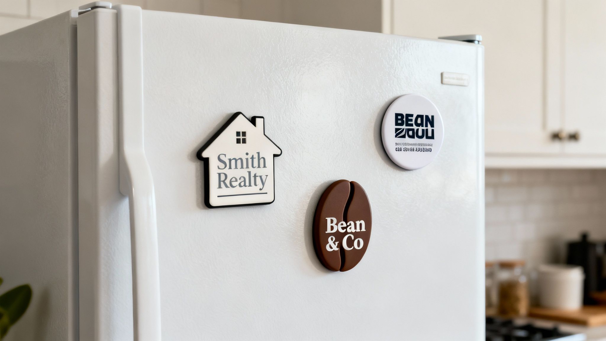 Three custom branded magnets, including Smith Realty and Bean & Co, on a white refrigerator door.