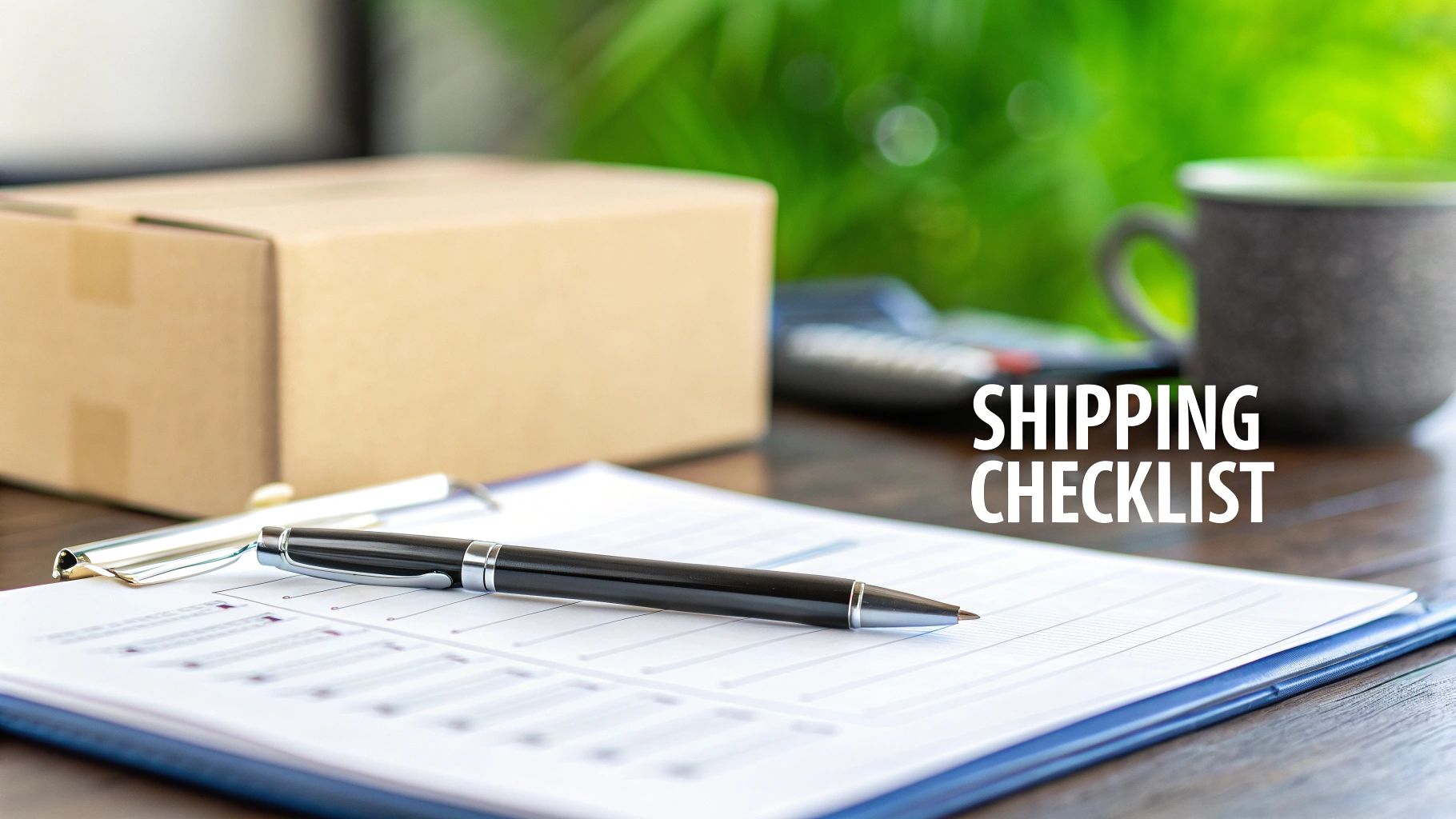 A pen rests on a shipping checklist next to a cardboard box, ready for packing and delivery.