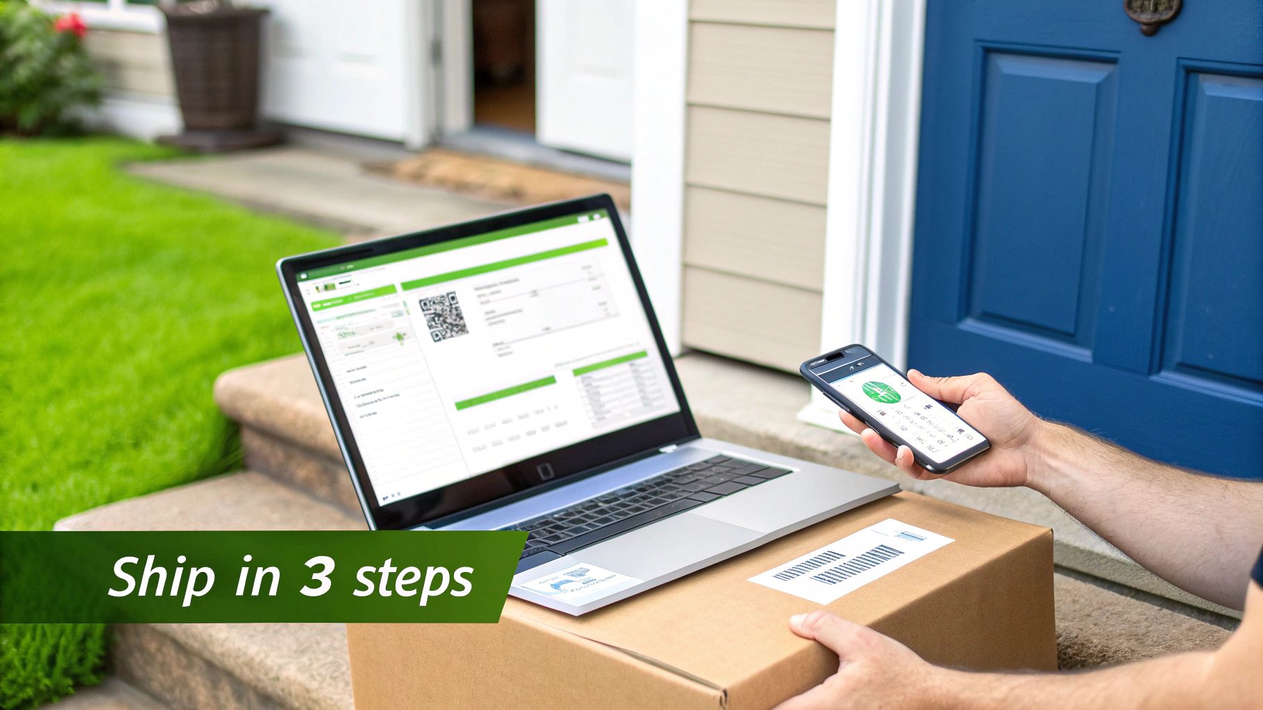 A person prepares a package for interstate courier shipping, scanning a label with a smartphone next to a laptop.
