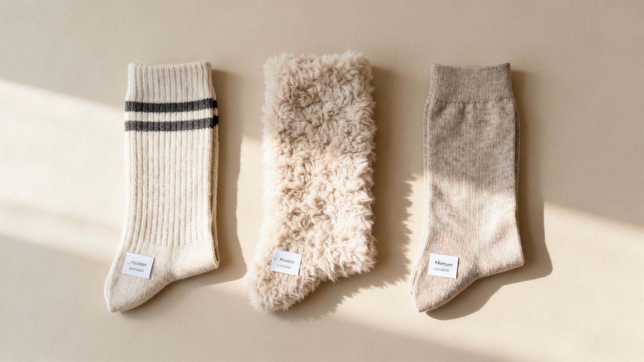 A close-up shot of different personalised xmas socks showcasing various materials and styles.