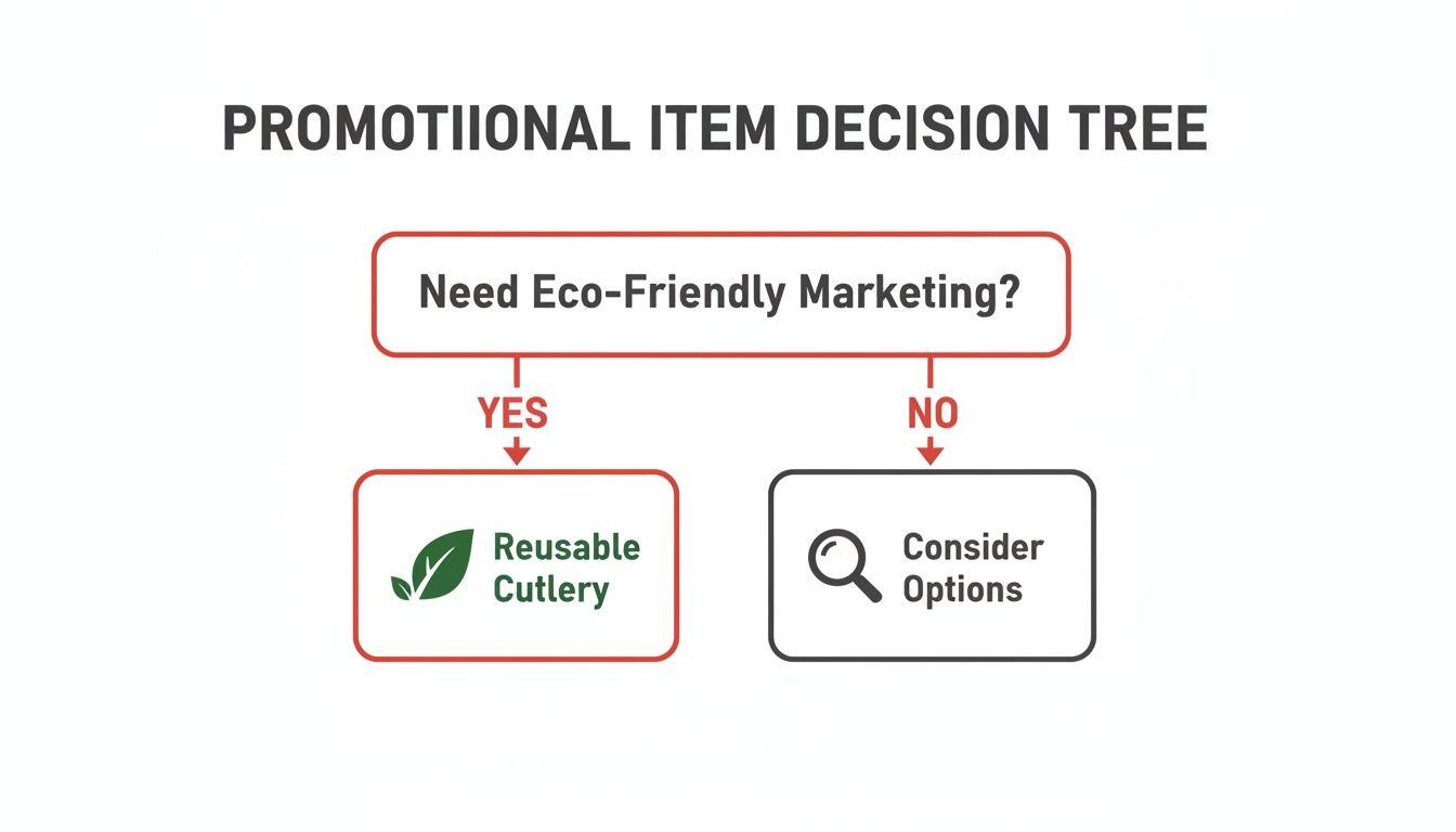A promotional item decision tree, suggesting reusable cutlery for eco-friendly marketing initiatives.
