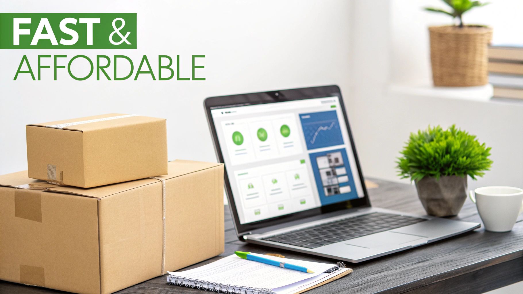 A desk setup featuring delivery boxes, a laptop showing a tracking interface, and office items, with text 'Fast & Affordable'.
