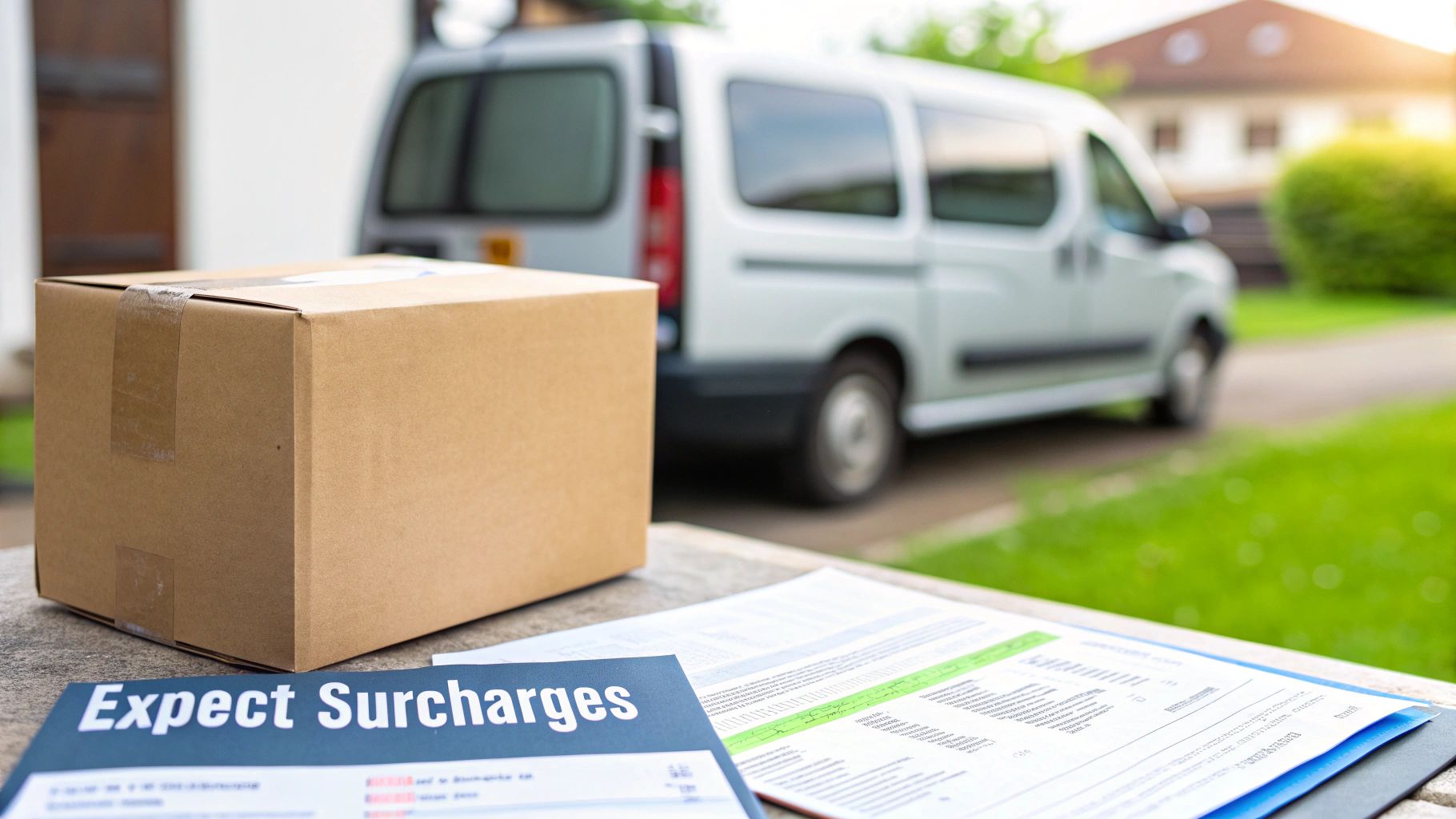 A brown cardboard box and documents with 'Expect Surcharges' are on a table, a delivery van in background.