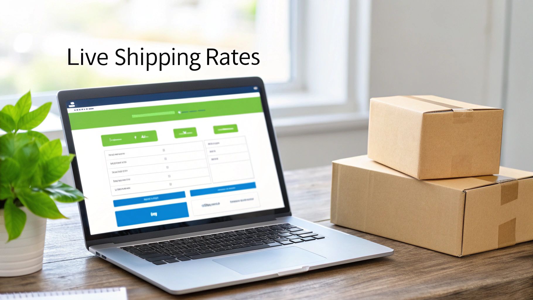 A laptop displaying a live shipping rate calculator next to cardboard boxes and a plant on a wooden desk.