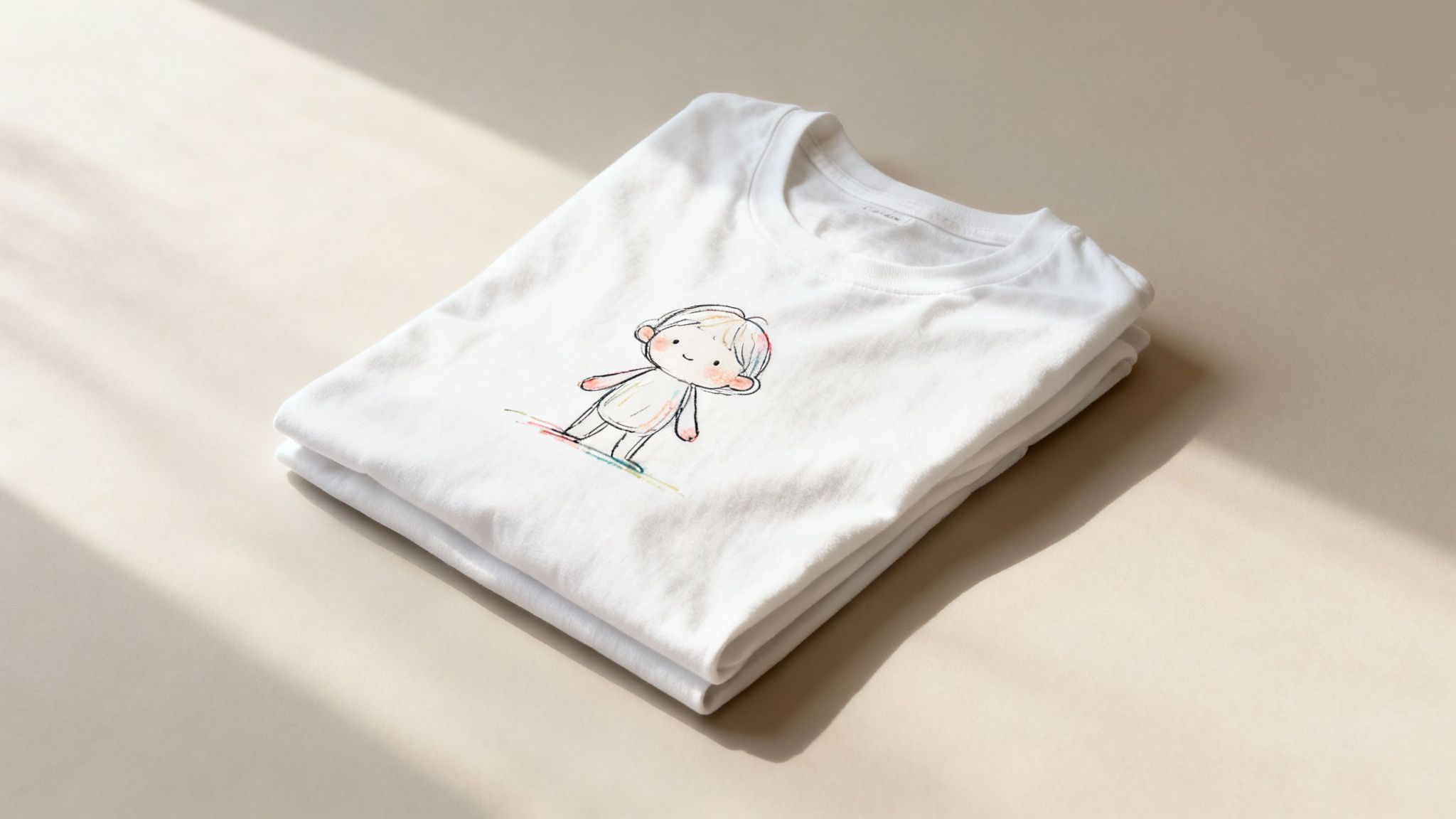 A white folded t-shirt featuring a cute, colorful crayon-style drawing of a child, on a beige surface with soft shadows.