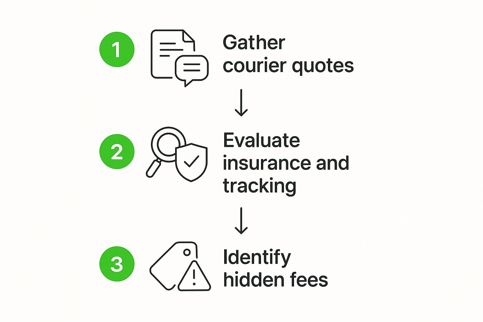 Infographic showing the three-step process to compare courier services: Gather quotes, evaluate insurance and tracking, and identify hidden fees.