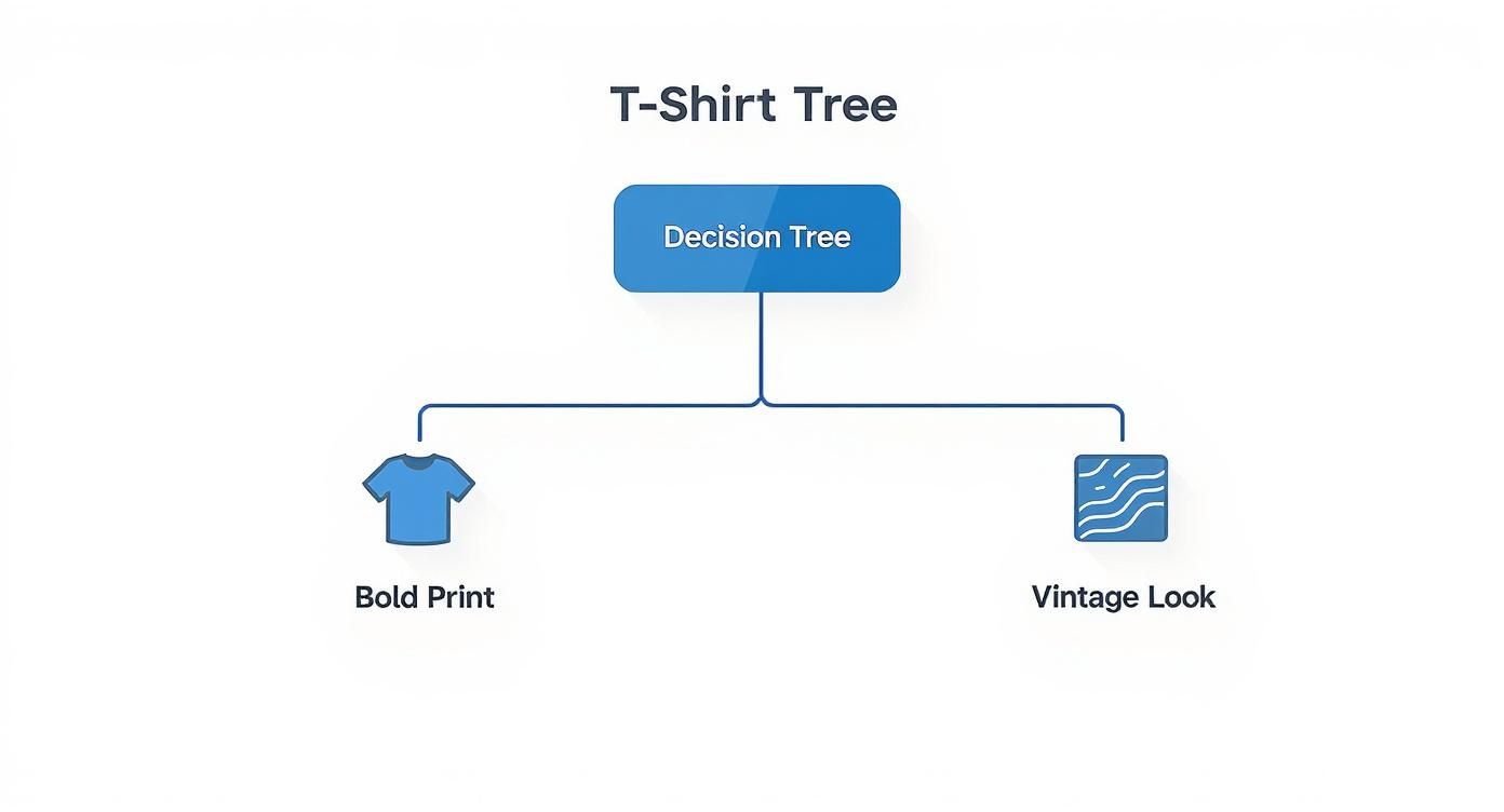 A decision tree diagram illustrating options for T-shirt styles: Bold Print and Vintage Look.