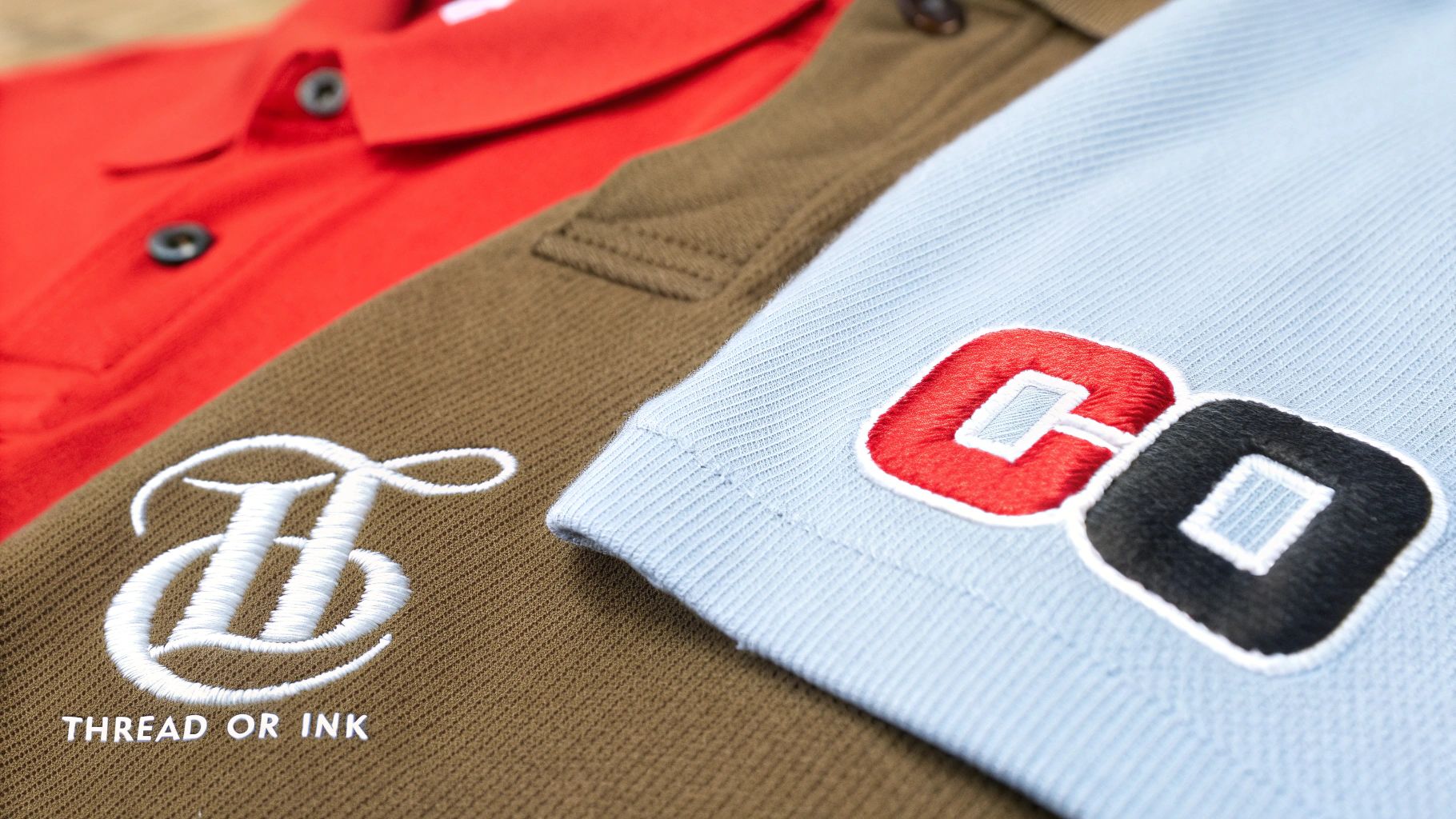 A side-by-side comparison of an embroidered logo and a printed logo on polo shirts