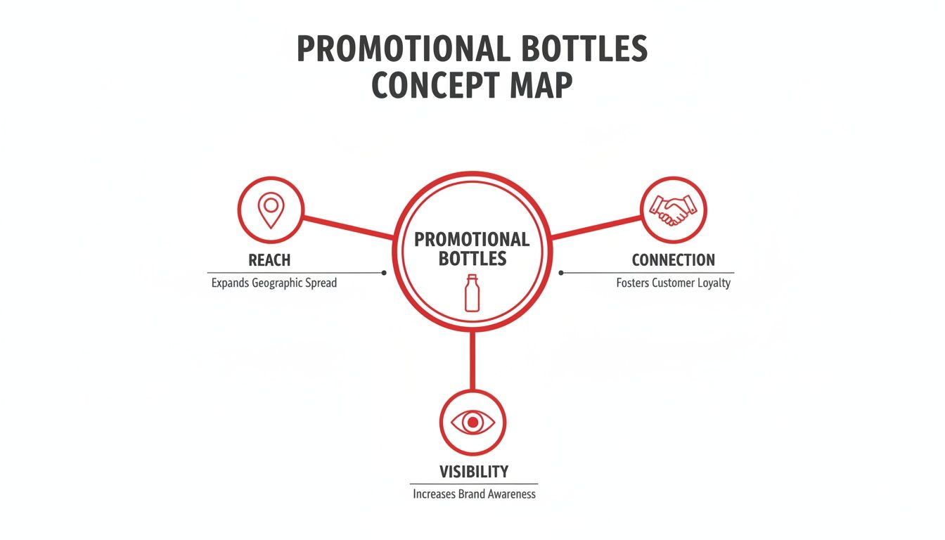 A concept map illustrating the key benefits of promotional bottles: reach, connection, and visibility.