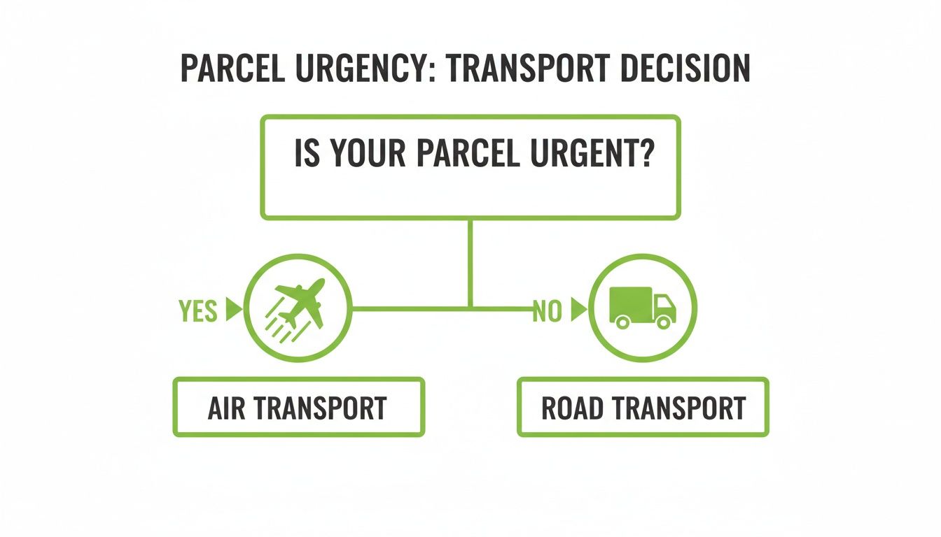 A flowchart illustrating urgent parcel transport decisions: air delivery for urgent, road for non-urgent.