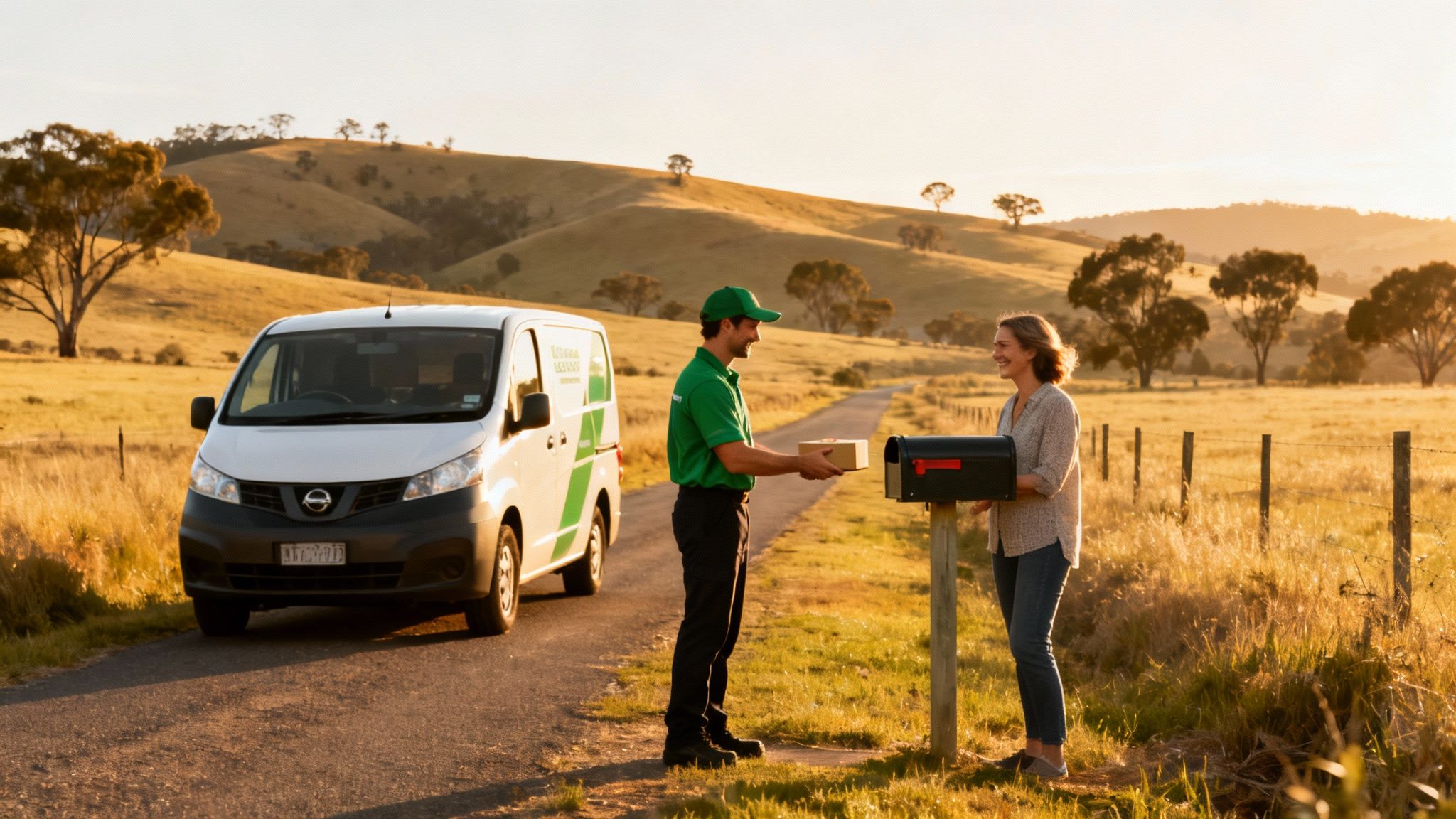 A delivery driver delivers a package to a smiling woman at her rural mailbox with a van.