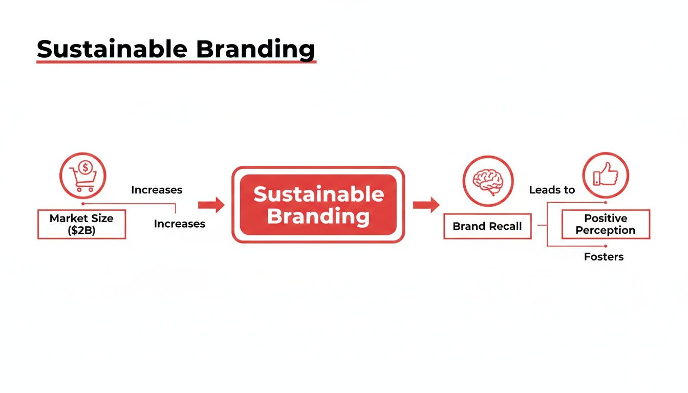 Diagram illustrating how sustainable branding increases market size, brand recall, and positive perception.