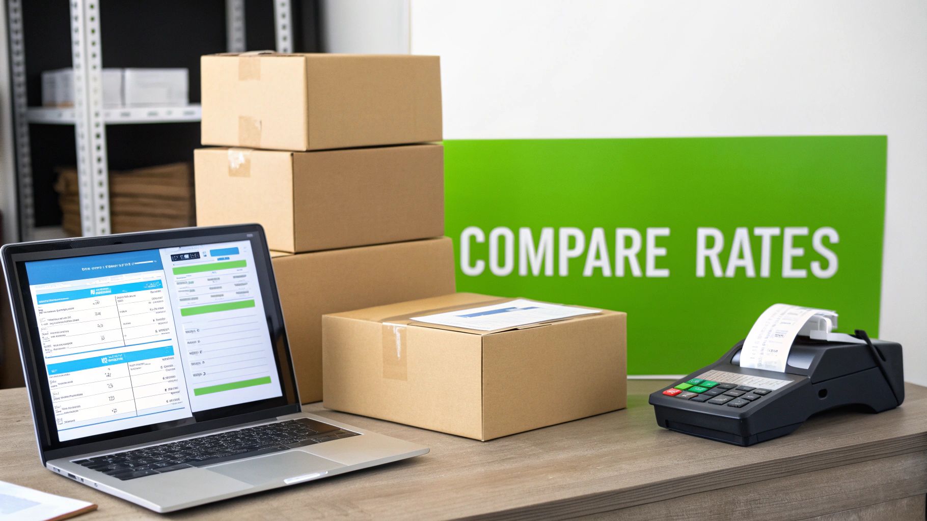 A person using a laptop with a shipping calculator on the screen, surrounded by packages.