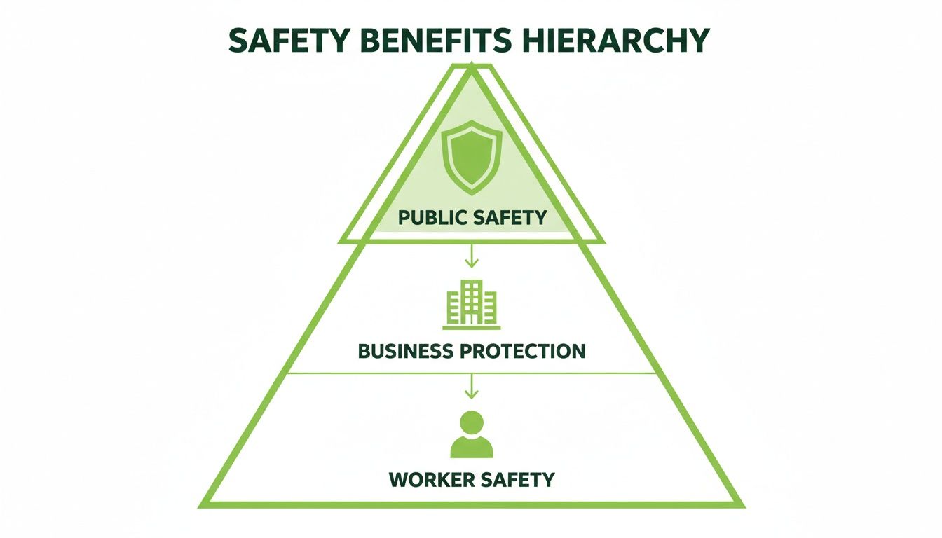 A green pyramid diagram illustrating the Safety Benefits Hierarchy with public, business, and worker safety.