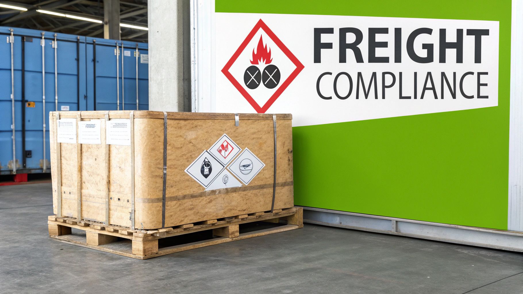 Wooden crate with hazard labels on a pallet, next to a 'Freight Compliance' sign and shipping container.