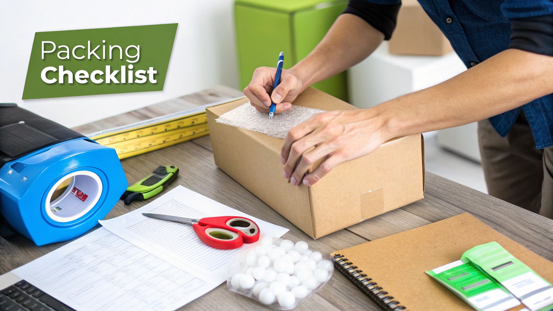 Hands writing on a package with bubble wrap, surrounded by packing supplies and a checklist.