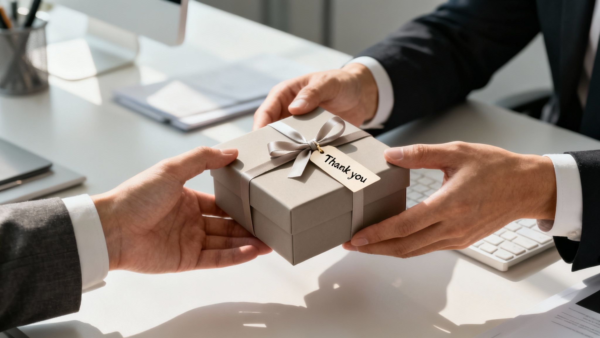 Hands of two professionals exchanging a grey gift box with a 'Thank you' tag on an office desk.