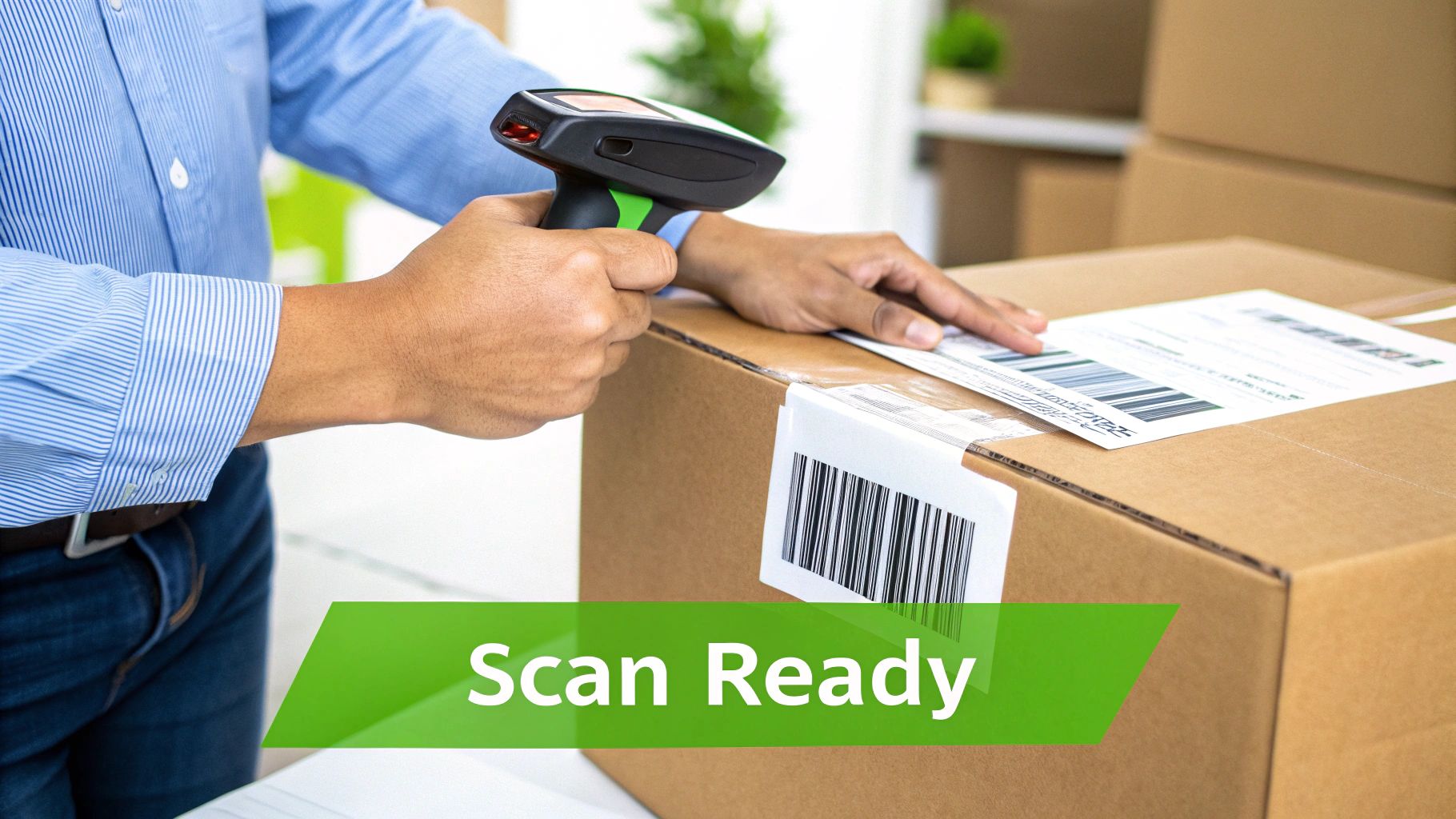 A person in a blue shirt scanning a shipping label on a brown box with a handheld scanner.