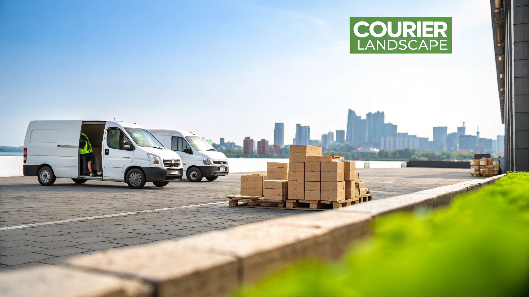 White delivery vans, a worker loading cardboard boxes on pallets, and a distant city skyline.