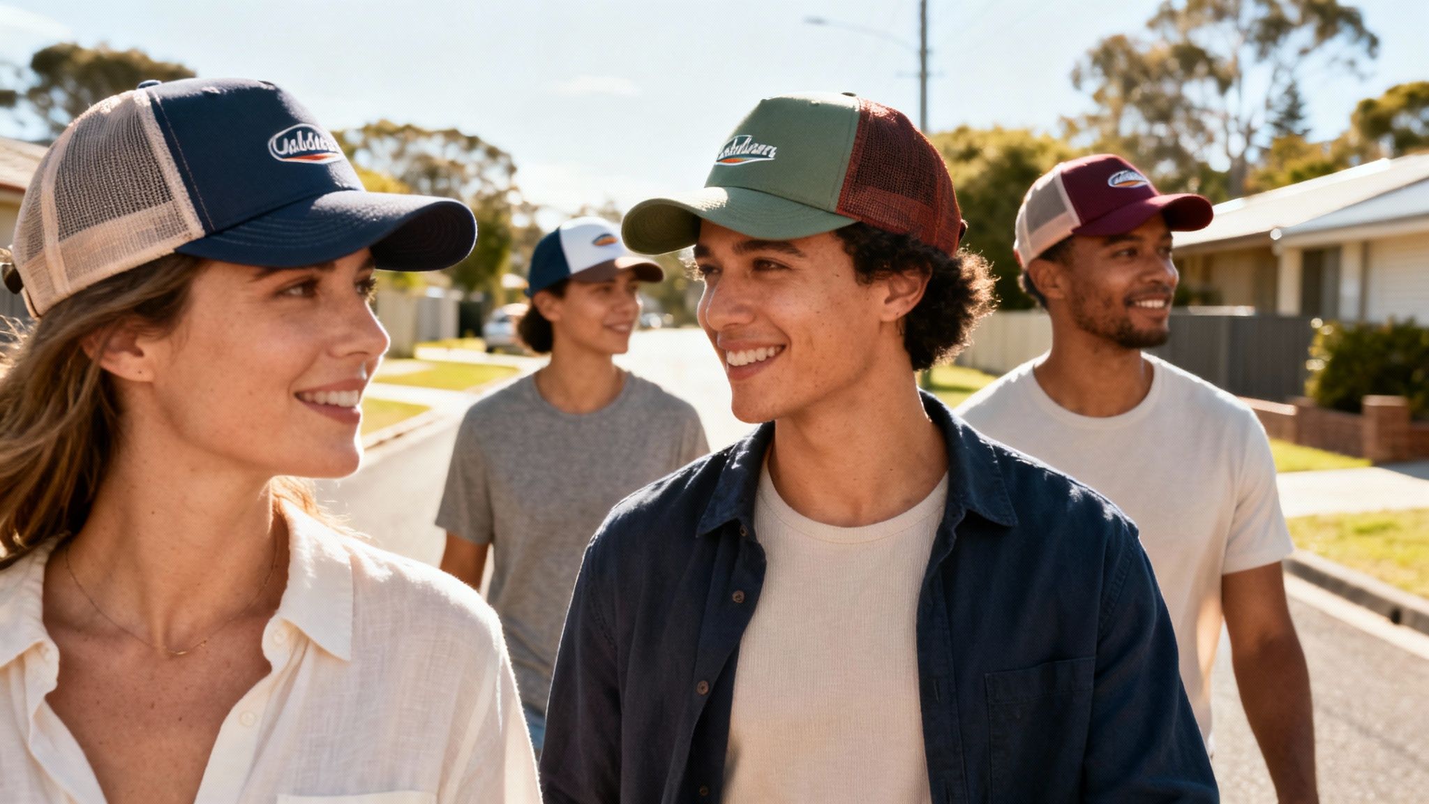 Four smiling young adults wearing various colored personalized trucker caps while walking outdoors on a sunny day.