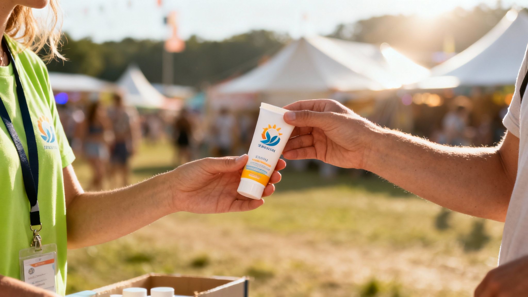 A person handing out a tube of promotional sunscreen at an outdoor event