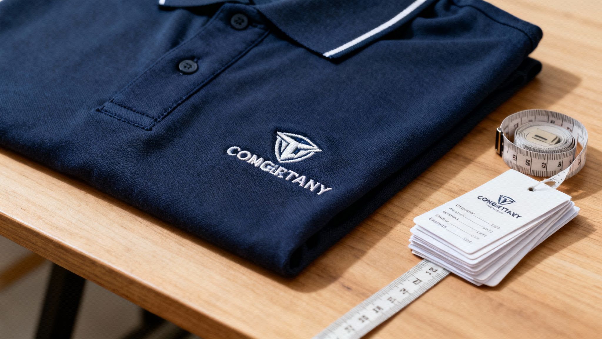 A folded navy blue polo shirt with an embroidered logo, a measuring tape, and product tags on a wooden table.