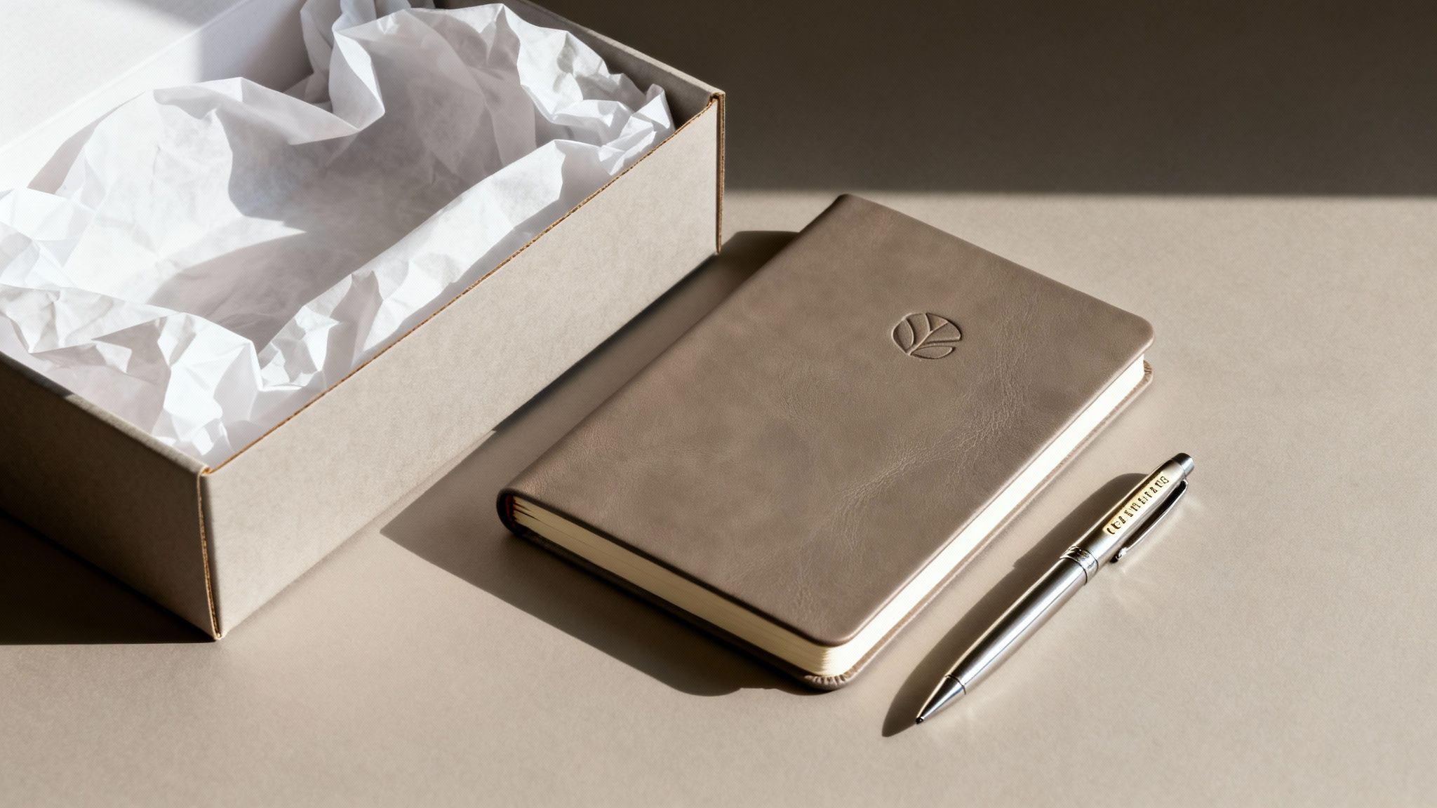 A premium corporate gift set featuring a taupe notebook, a silver pen, and an open gift box.