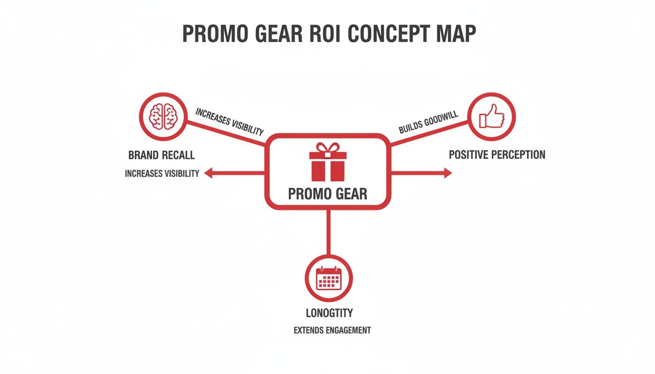 A concept map detailing the ROI of promo gear, showing benefits like brand recall, positive perception, and longevity.