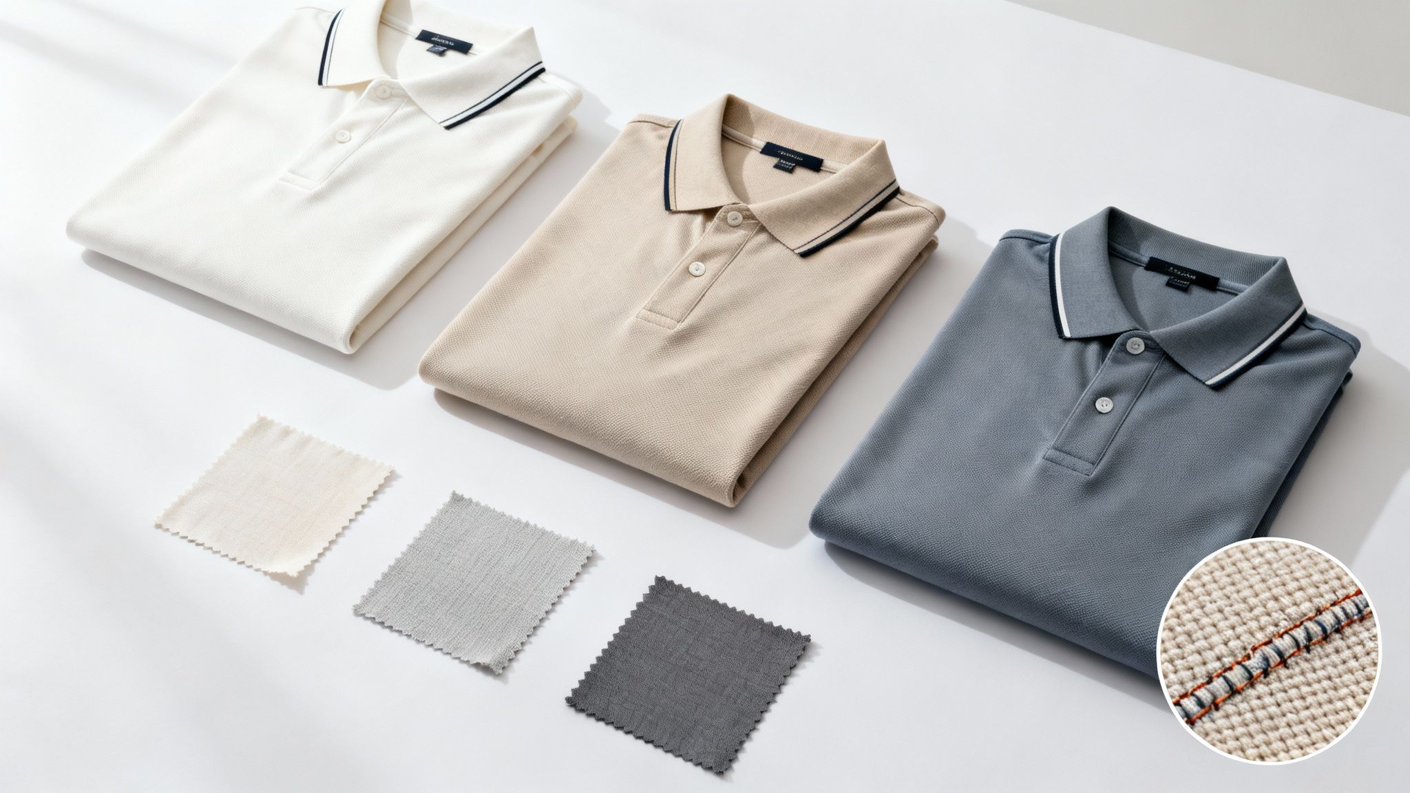 Three folded polo shirts in cream, beige, and blue-grey with fabric swatches.