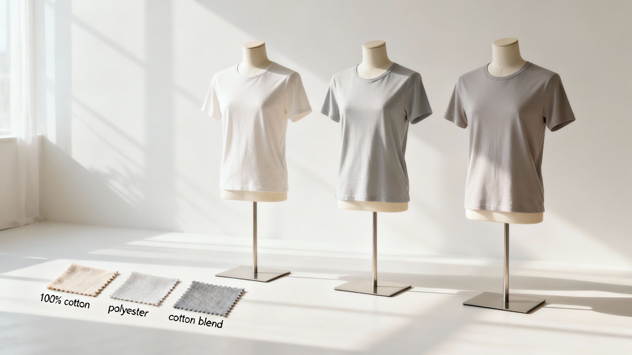 Three mannequins display white, light grey, and dark grey t-shirts with fabric swatches on the floor.
