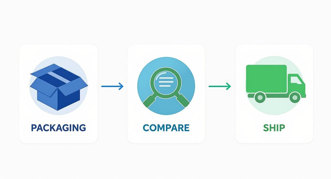 Visual representation of the parcel delivery process: packaging, comparing options, and shipping.