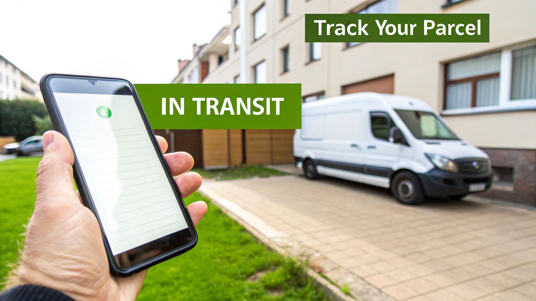 A person tracking a parcel on their smartphone, with a delivery van in the background