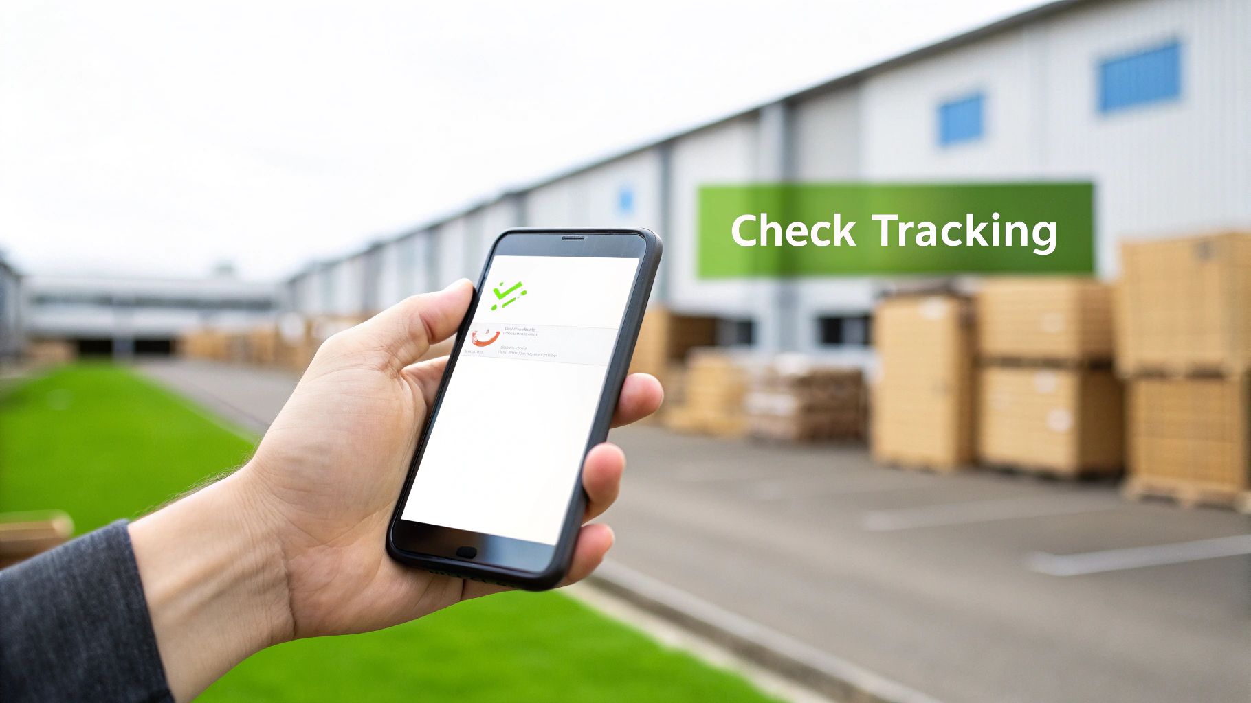 A hand holds a smartphone displaying a check tracking app in a logistics or warehouse setting.