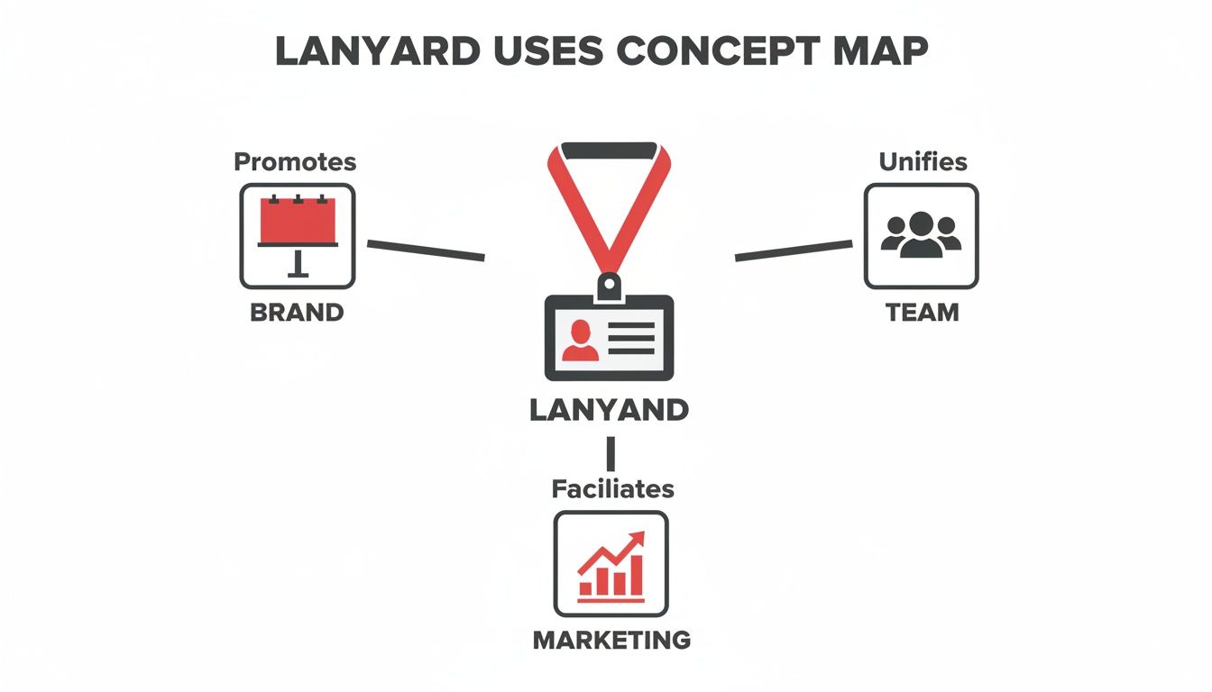 A concept map illustrating lanyard uses, promoting brand, unifying teams, and facilitating marketing efforts.