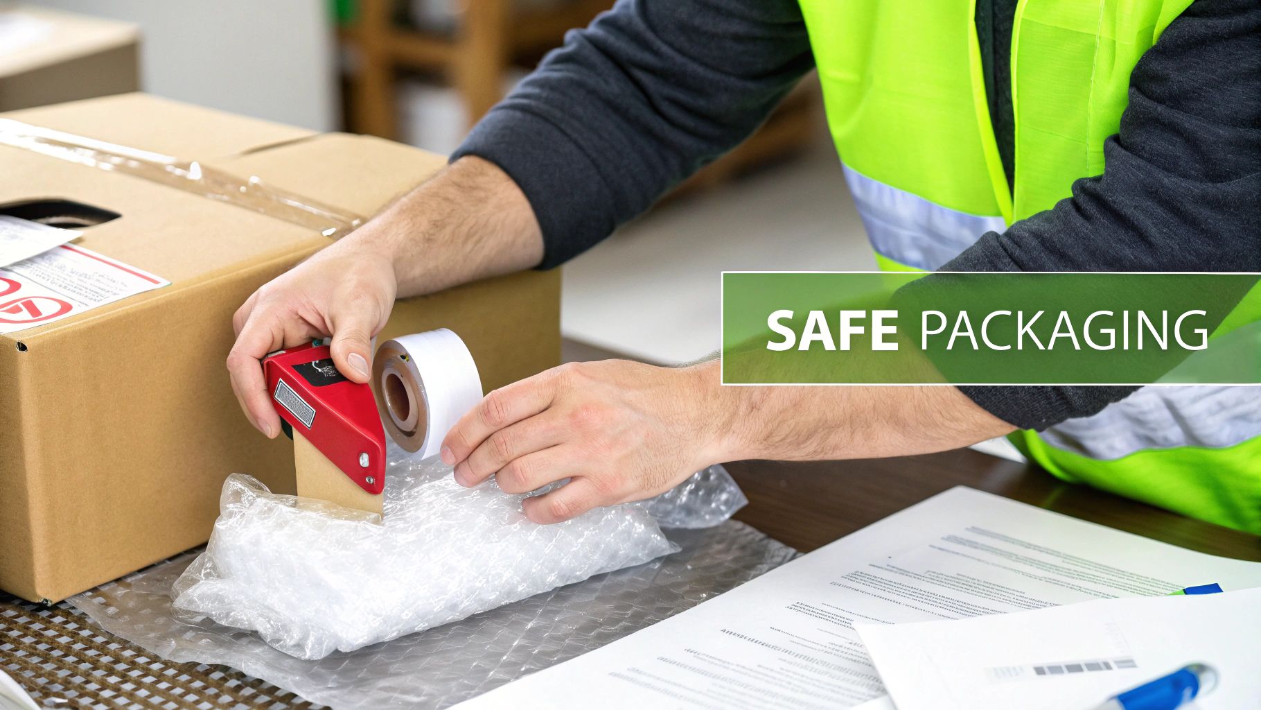 Several cardboard boxes sealed with tape, one with a fragile sticker, ready for shipping.