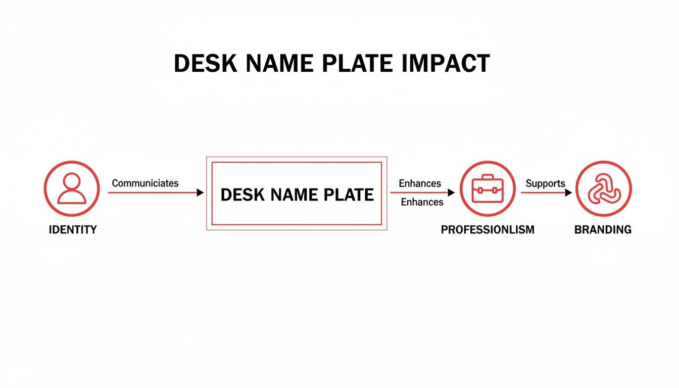 Flowchart showing a desk name plate communicates identity, enhances professionalism, and supports branding.