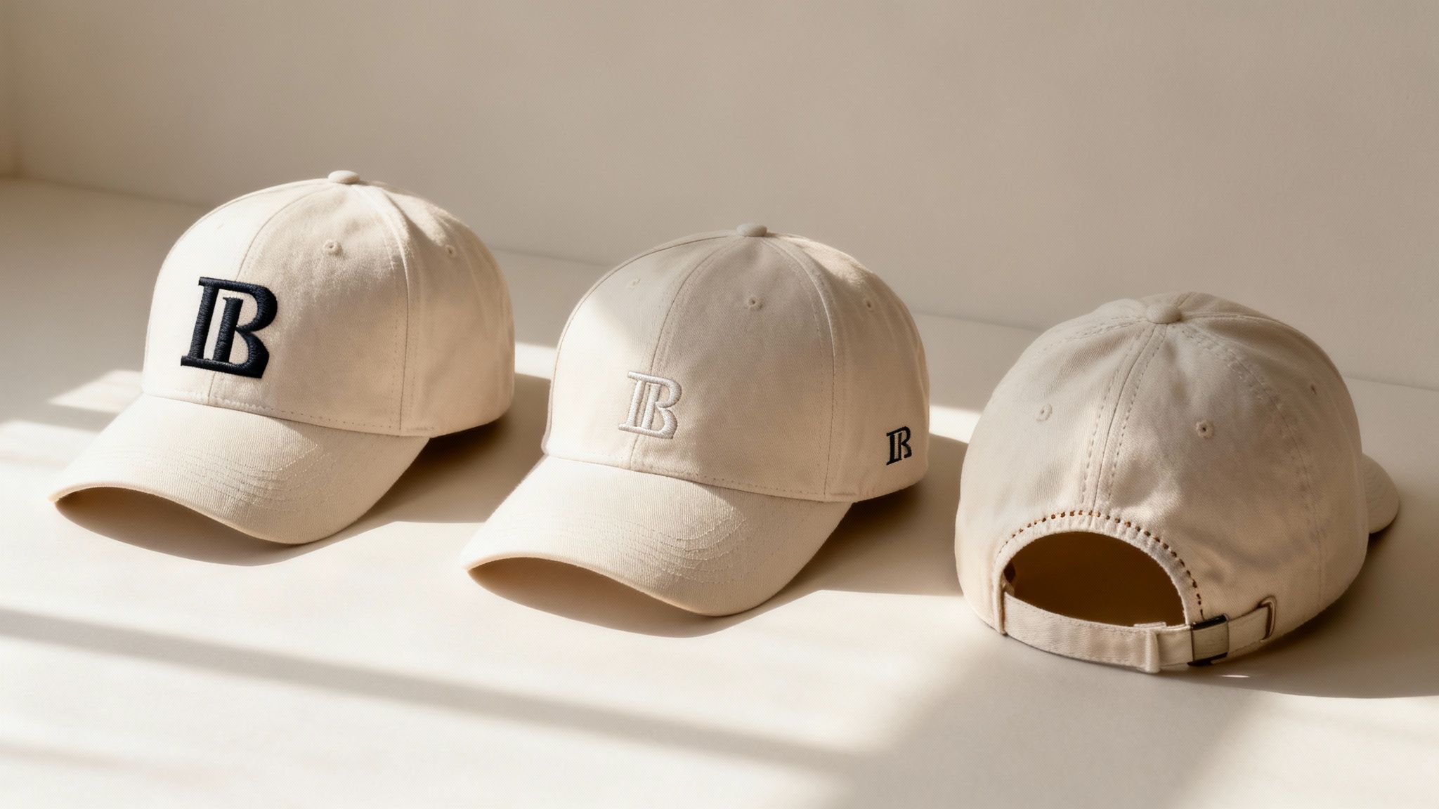 Three beige baseball caps with LB logo embroidery displayed on white surface in natural lighting