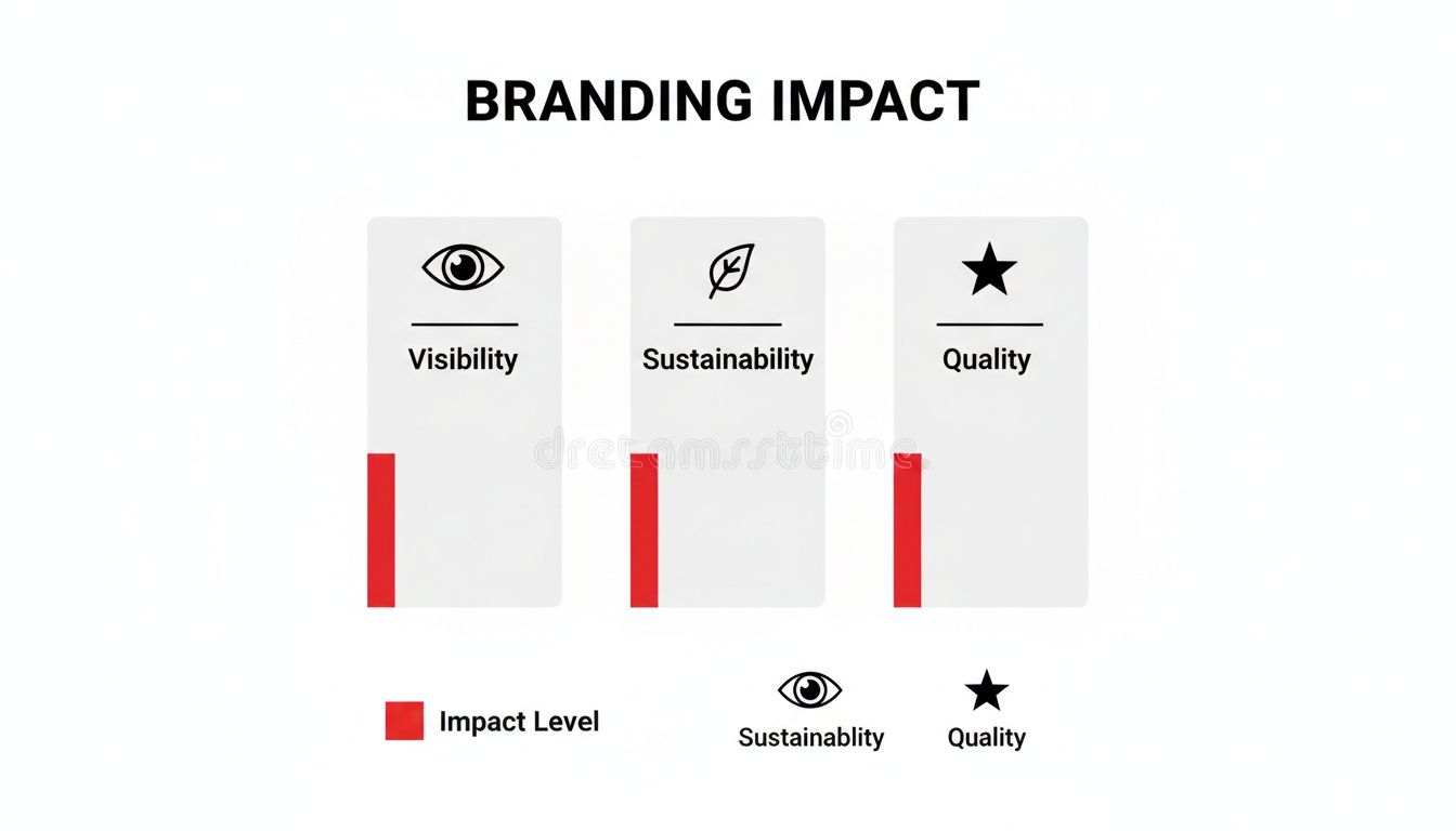 A chart illustrating branding impact with levels for visibility, sustainability, and quality using red bars.