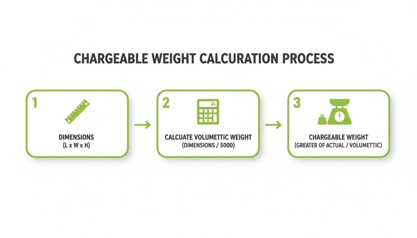 Flowchart showing the chargeable weight calculation process: dimensions, volumetric weight, and actual weight comparison.