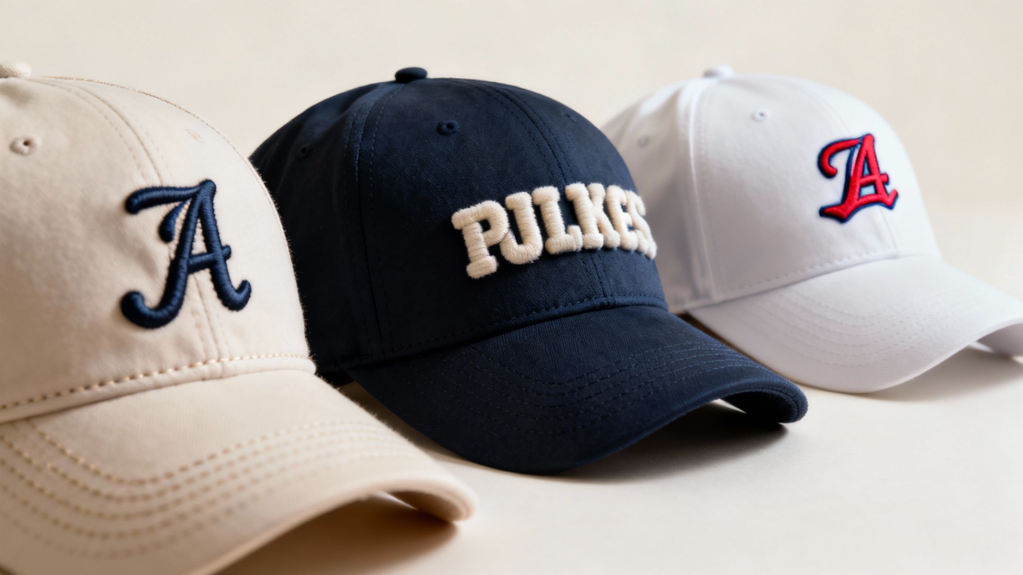 A collection of branded caps with different customization methods.