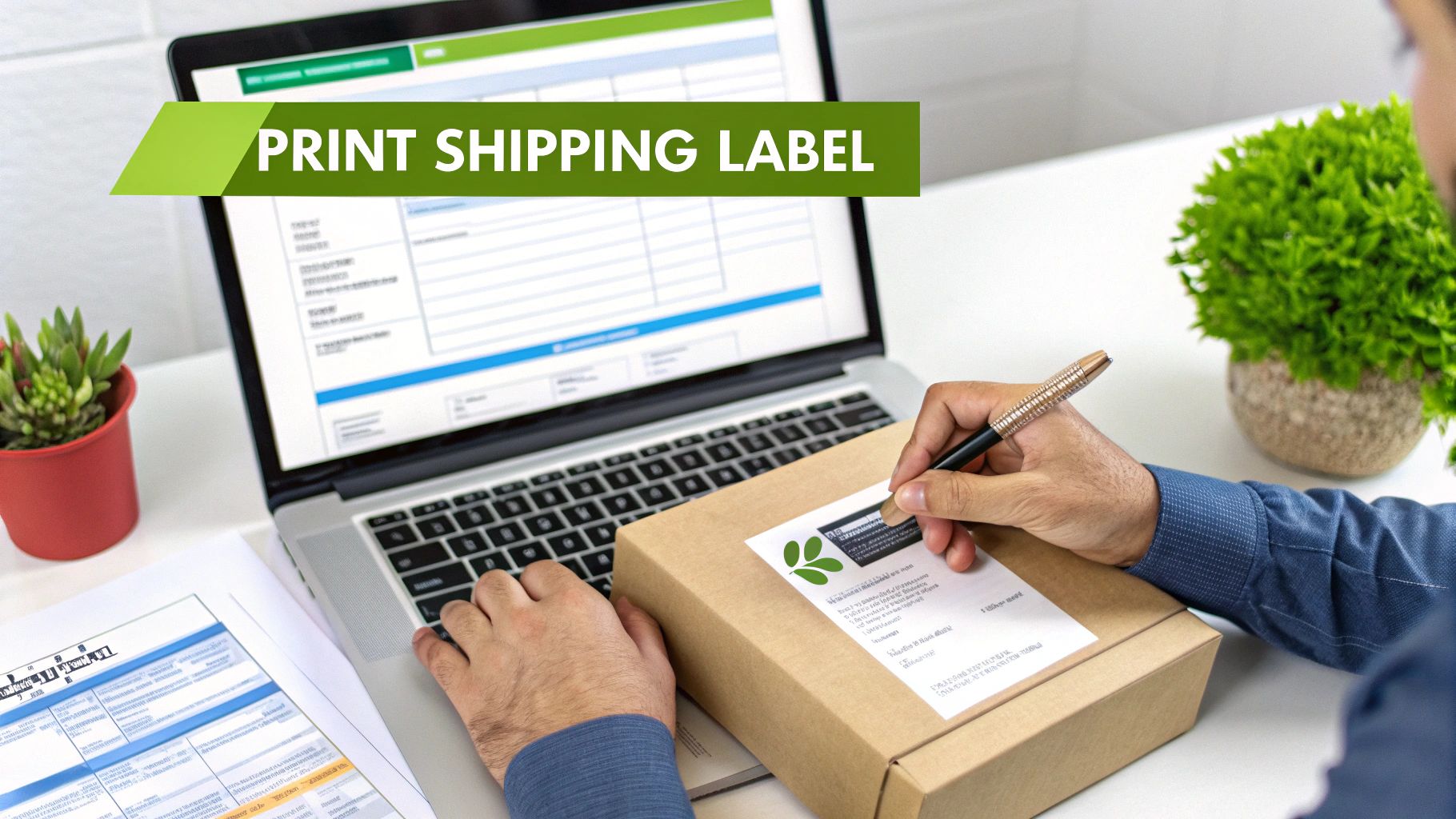 Woman printing a shipping label for a parcel