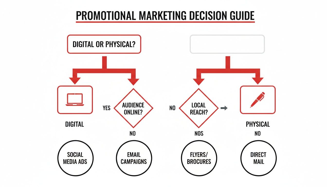 Flowchart illustrating promotional marketing decision guide for digital and physical strategies with examples.