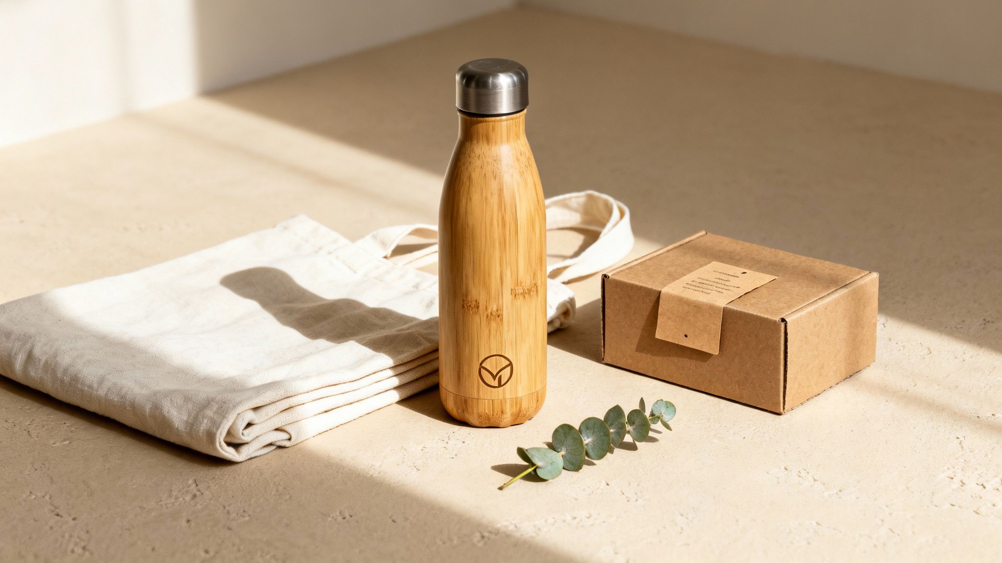 Eco-friendly promotional products featuring a bamboo water bottle, tote bag, cardboard box, and eucalyptus.